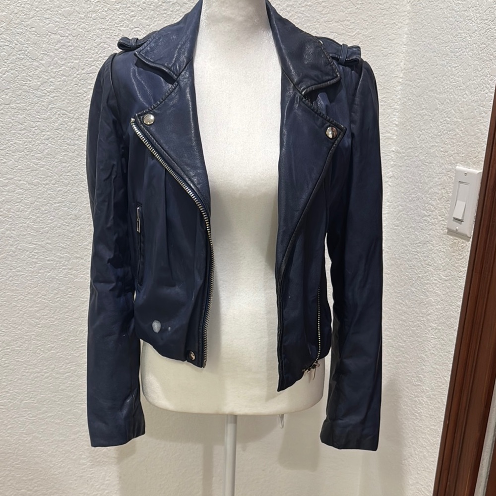 Alexis Blue Leather Jacket Asymmetrical Design
